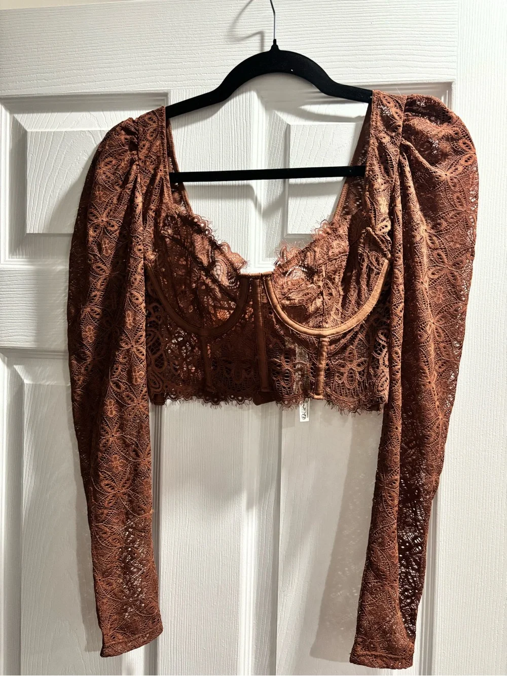 Free People Cropped Lace Long Sleeve Top in Rust Brown